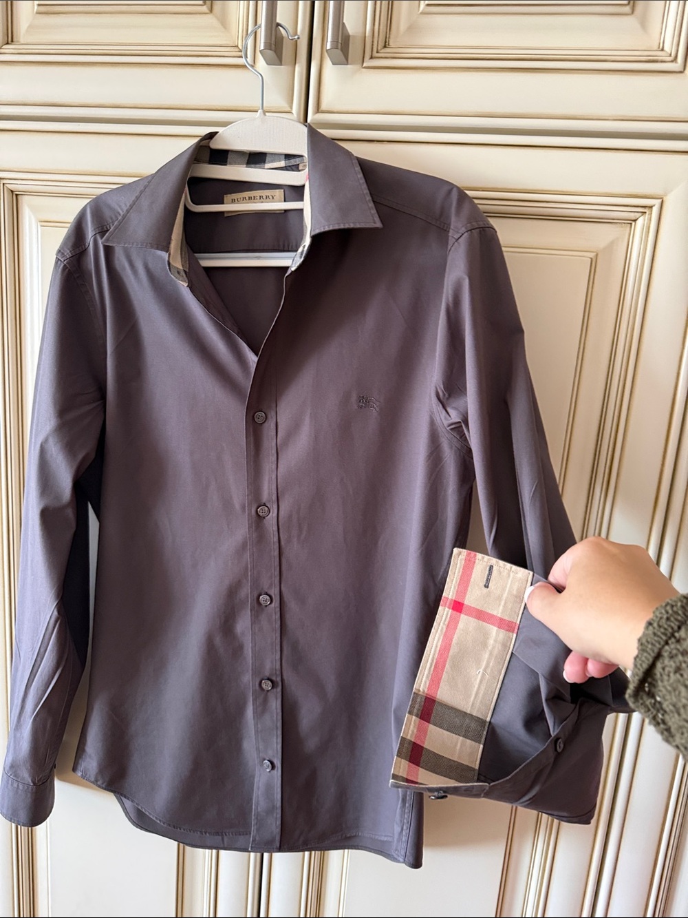 Burberry Men's Dress Shirt in Charcoal Gray with Check Cuff